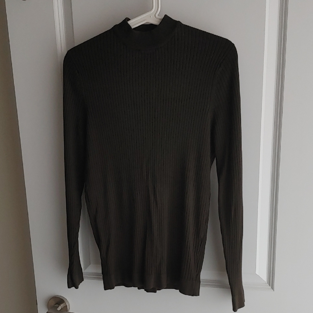 Zara US M Ribbed Long Sleeve Mock Neck Top in Olive Green